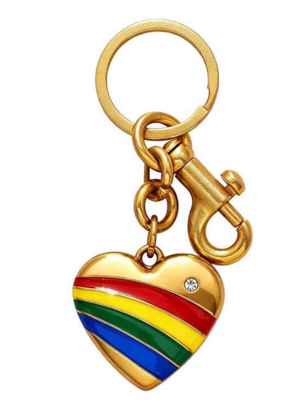 •In Loving Color• Gold Heart Keychain Charm Rainbow Stripe Rhinestone Bag Charm